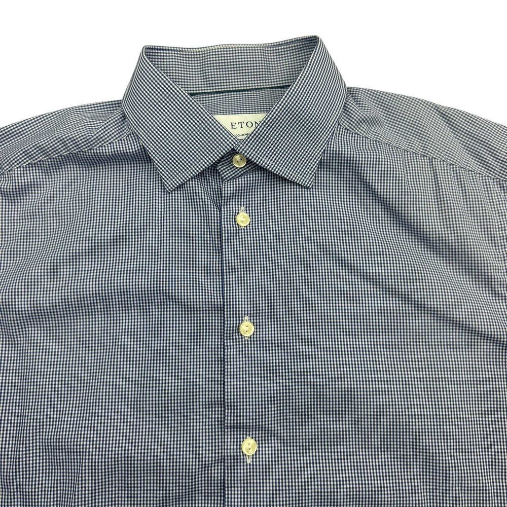 Eton Shirt Mens 16.5 Blue Long Sleeve Button Up Check Cotton Dress Collar
